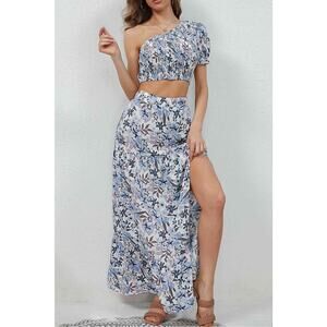 Printed Asymmetrical Cropped Top and Split Skirt Set